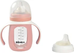 Beaba 2 In 1 Glas-Trinklernﬂasche Mit Silikon-Hülle, 210 Ml - Rosa