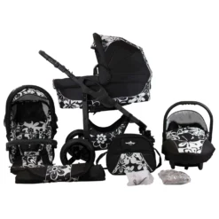10tlg. Set: Kombi Kinderwagen "Capri" In Schwarz/Gemustert