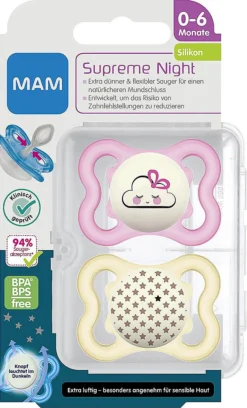 MAM Schnuller Supreme Night, Silikon, 0-6 Monate, Wolke/Sterne, 2er Set -Baby Kleidung mam schnuller supreme night silikon 0 6 monate wolke sterne 2er set 3