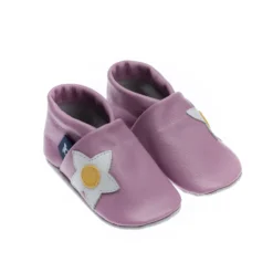 Krabbelschuhe / Lederpuschen Mit Blume In Lila / Weiß