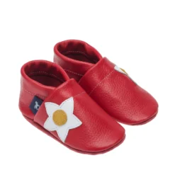 Krabbelschuhe / Lederpuschen Mit Blume In Rot / Weiß