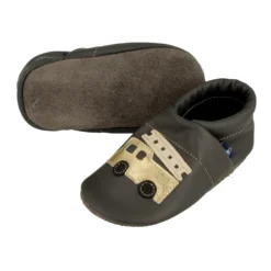 Krabbelschuhe / Lederpuschen Mit Feuerwehr In Grau / Gold -Baby Kleidung pantau its a small world krabbelschuhe lederpuschen mit feuerwehr in grau gold 2 scaled