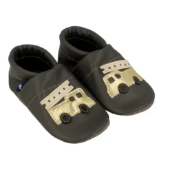 Krabbelschuhe / Lederpuschen Mit Feuerwehr In Grau / Gold