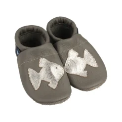 Krabbelschuhe / Lederpuschen Mit Fisch In Grau / Silber