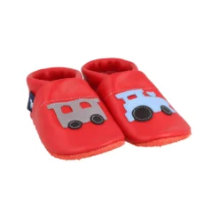Krabbelschuhe / Lederpuschen Mit Lokomotive In Rot / Hellblau